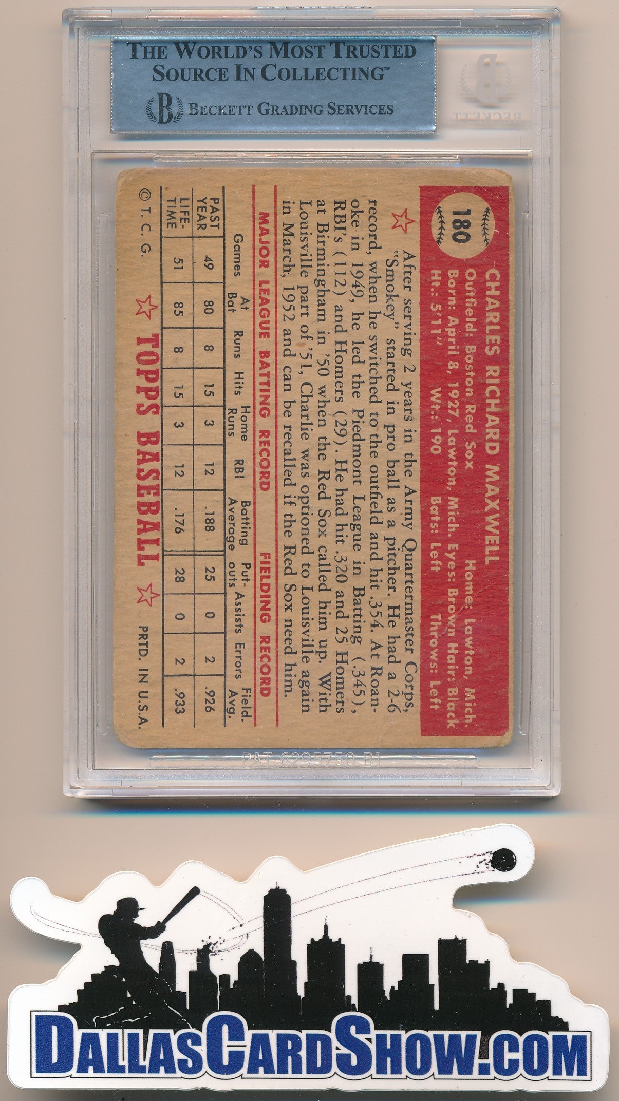 1952 TOPPS #180 CHARLIE MAXWELL AUTHENTIC BGS AUTO