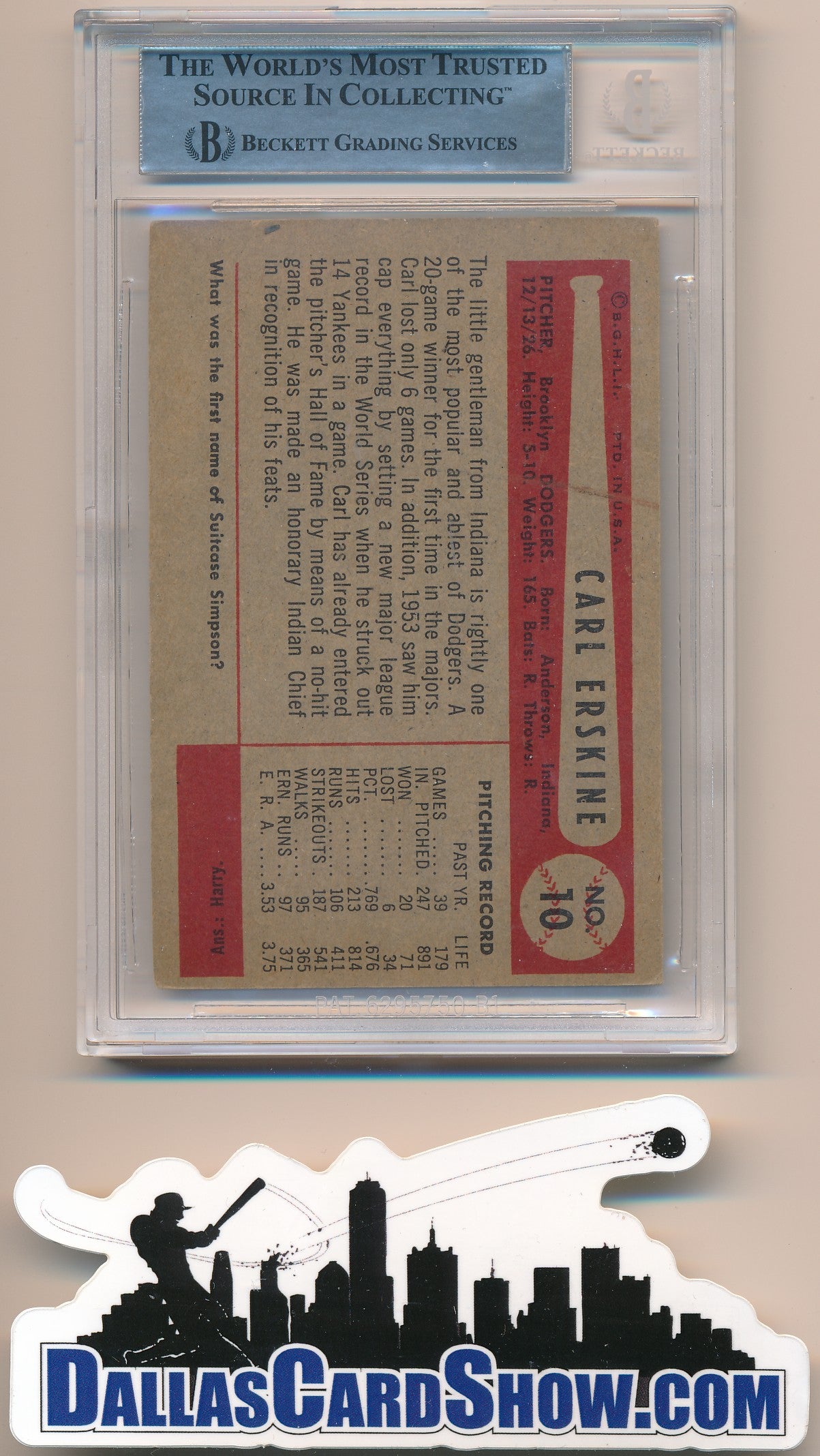 1954 BOWMAN #10 CARL ERSKINE AUTHENTIC BGS AUTO