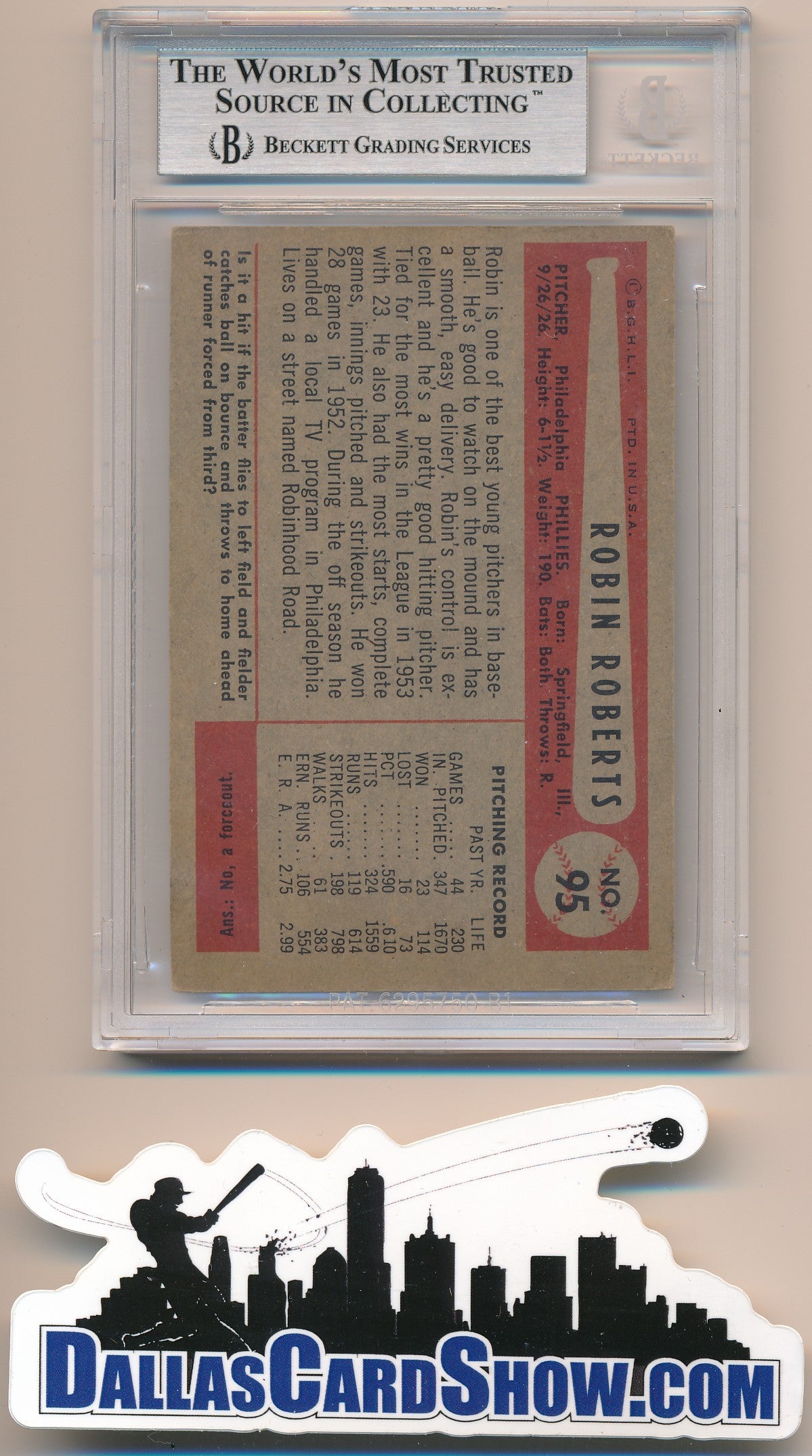 1954 BOWMAN #95 ROBIN ROBERTS AUTHENTIC BGS AUTO