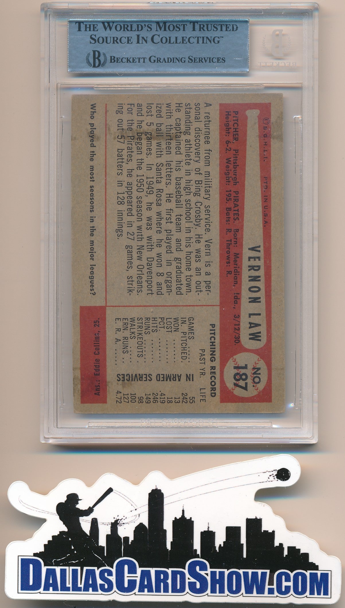 1954 BOWMAN #187 VERN LAW AUTHENTIC BGS AUTO