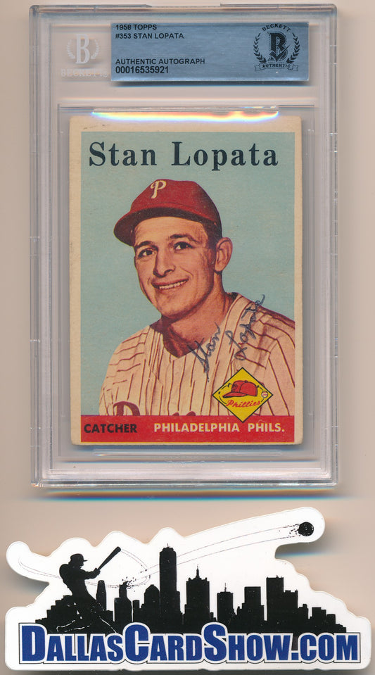 1958 TOPPS #353 STAN LOPATA AUTHENTIC BGS AUTO