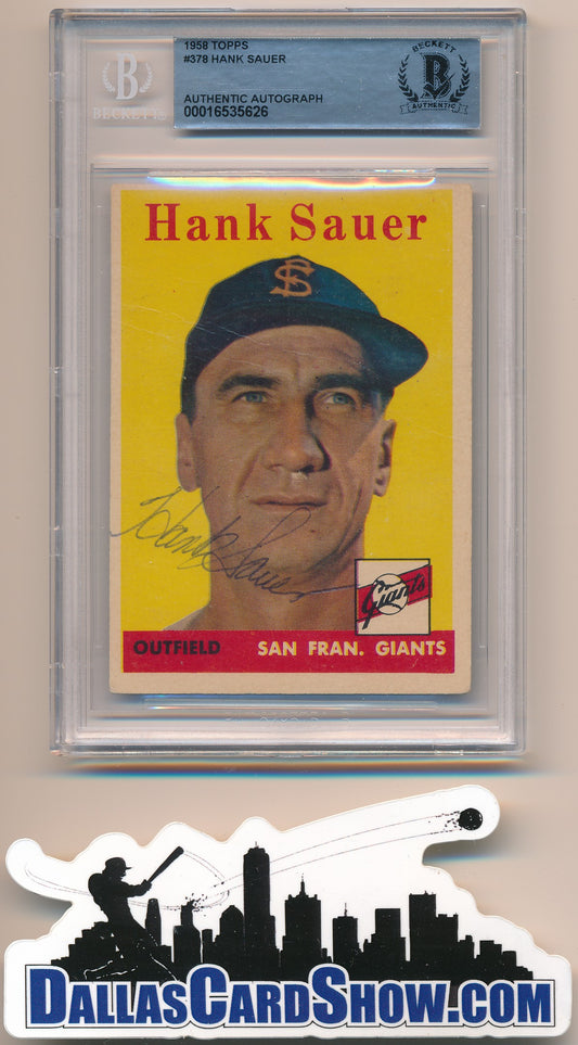 1958 TOPPS #378 HANK SAUER AUTHENTIC BGS AUTO