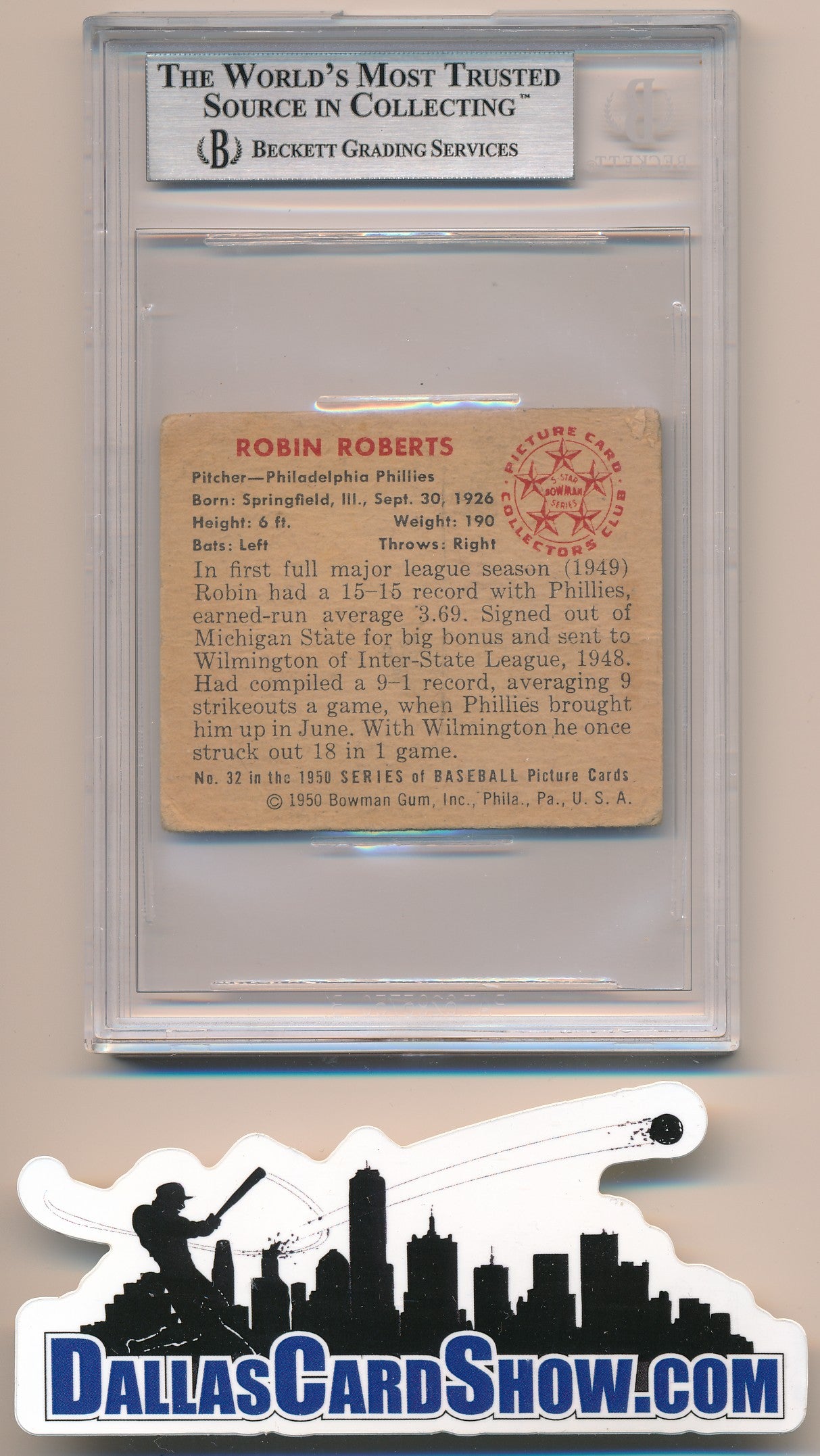1950 BOWMAN #32 ROBIN ROBERTS AUTHENTIC BGS AUTO