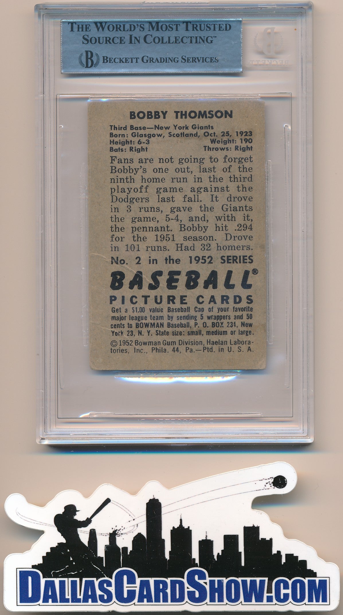 1952 BOWMAN #2 BOBBY THOMSON AUTHENTIC BGS AUTO