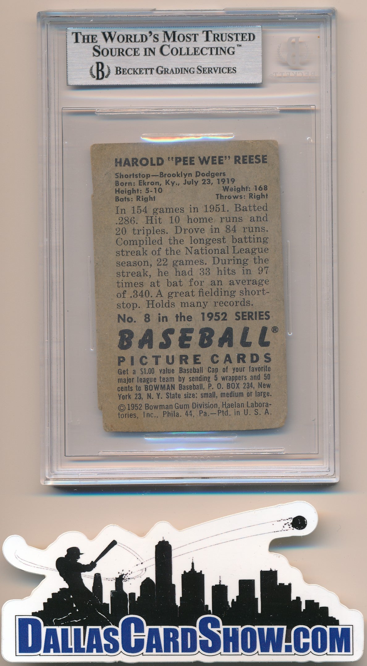 1952 BOWMAN #8 PEE WEE REESE AUTHENTIC BGS AUTO