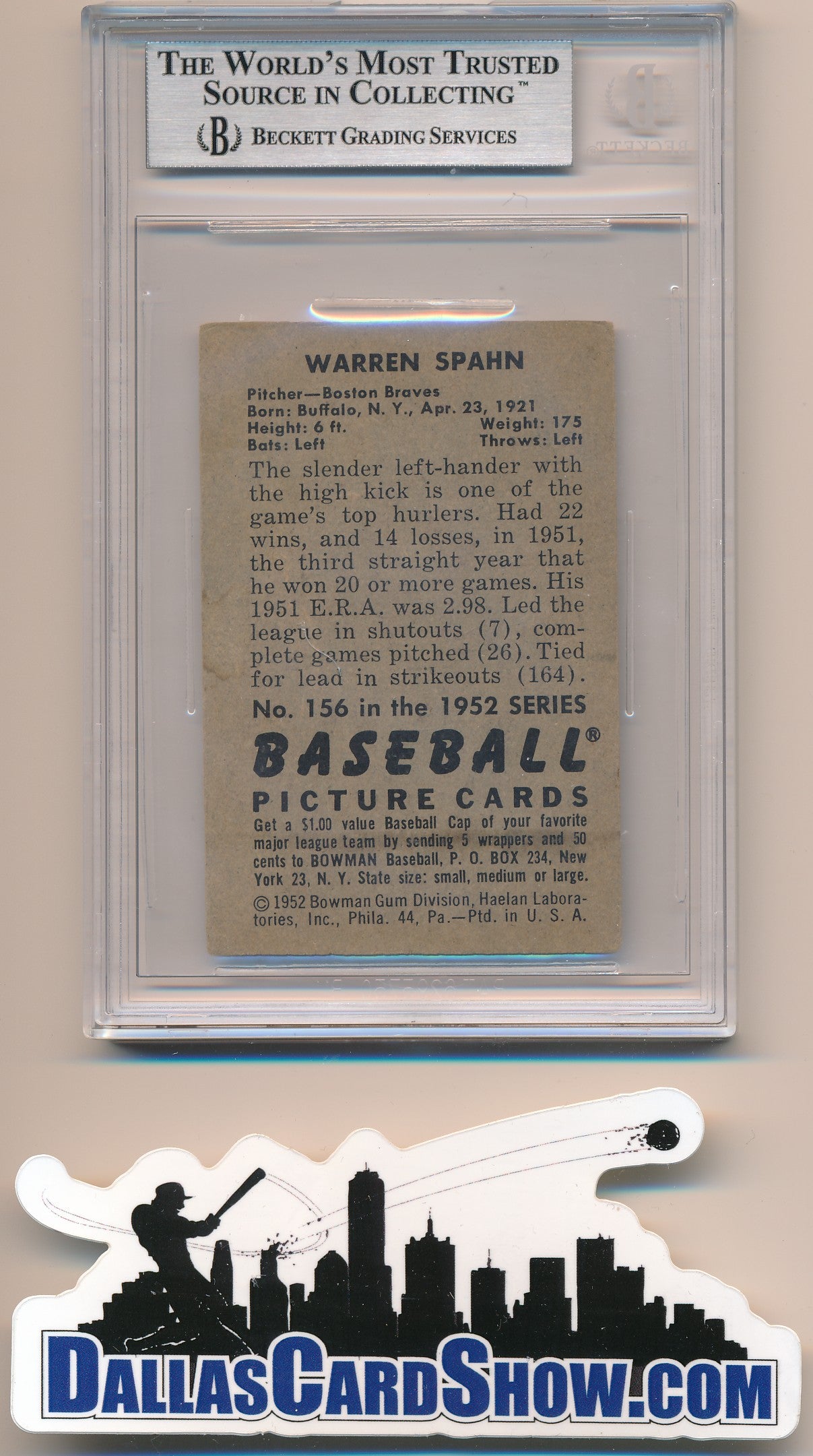 1952 BOWMAN #156 WARREN SPAHN AUTHENTIC BGS AUTO