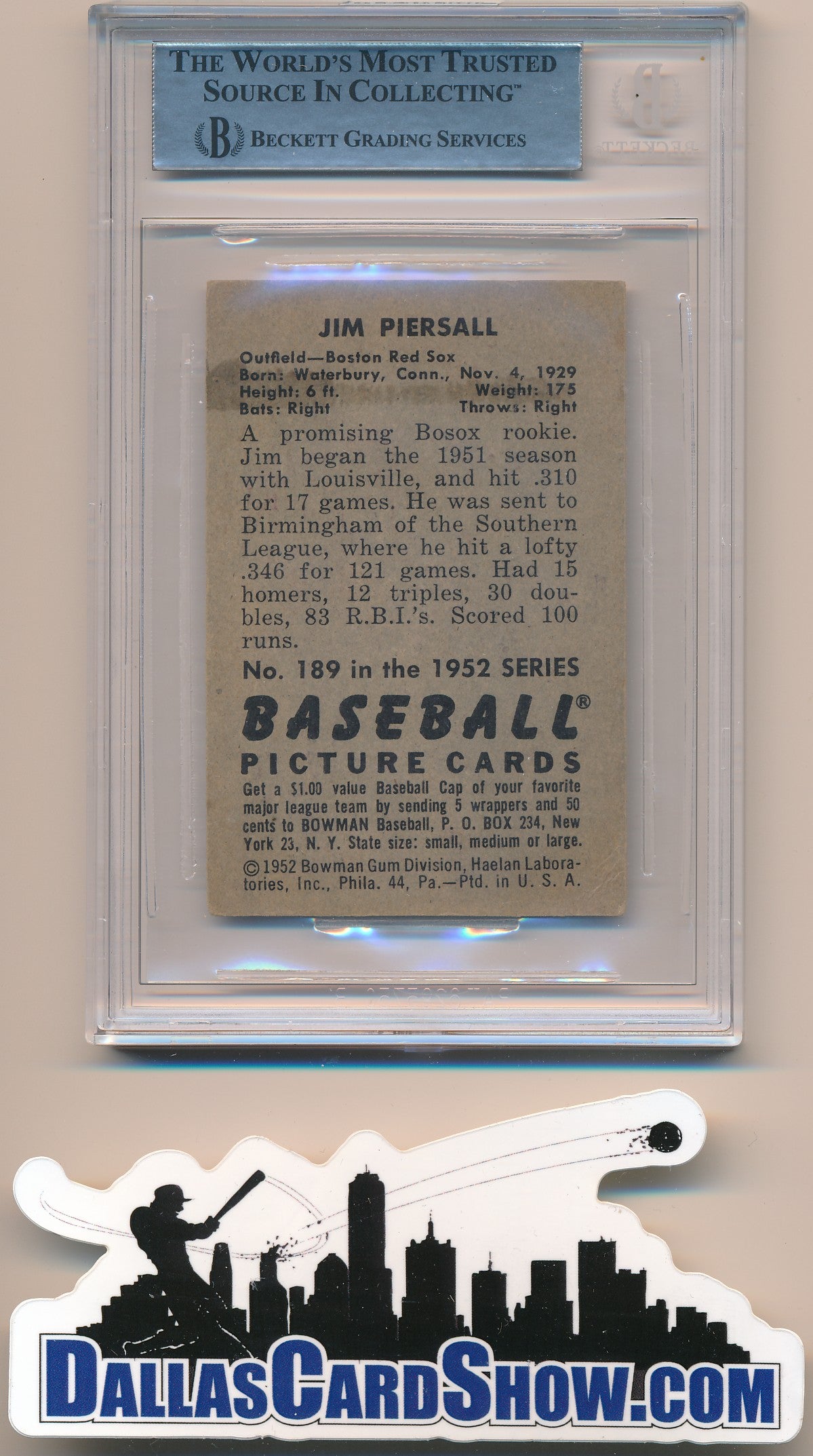 1952 BOWMAN #189 JIM PIERSALL AUTHENTIC BGS AUTO