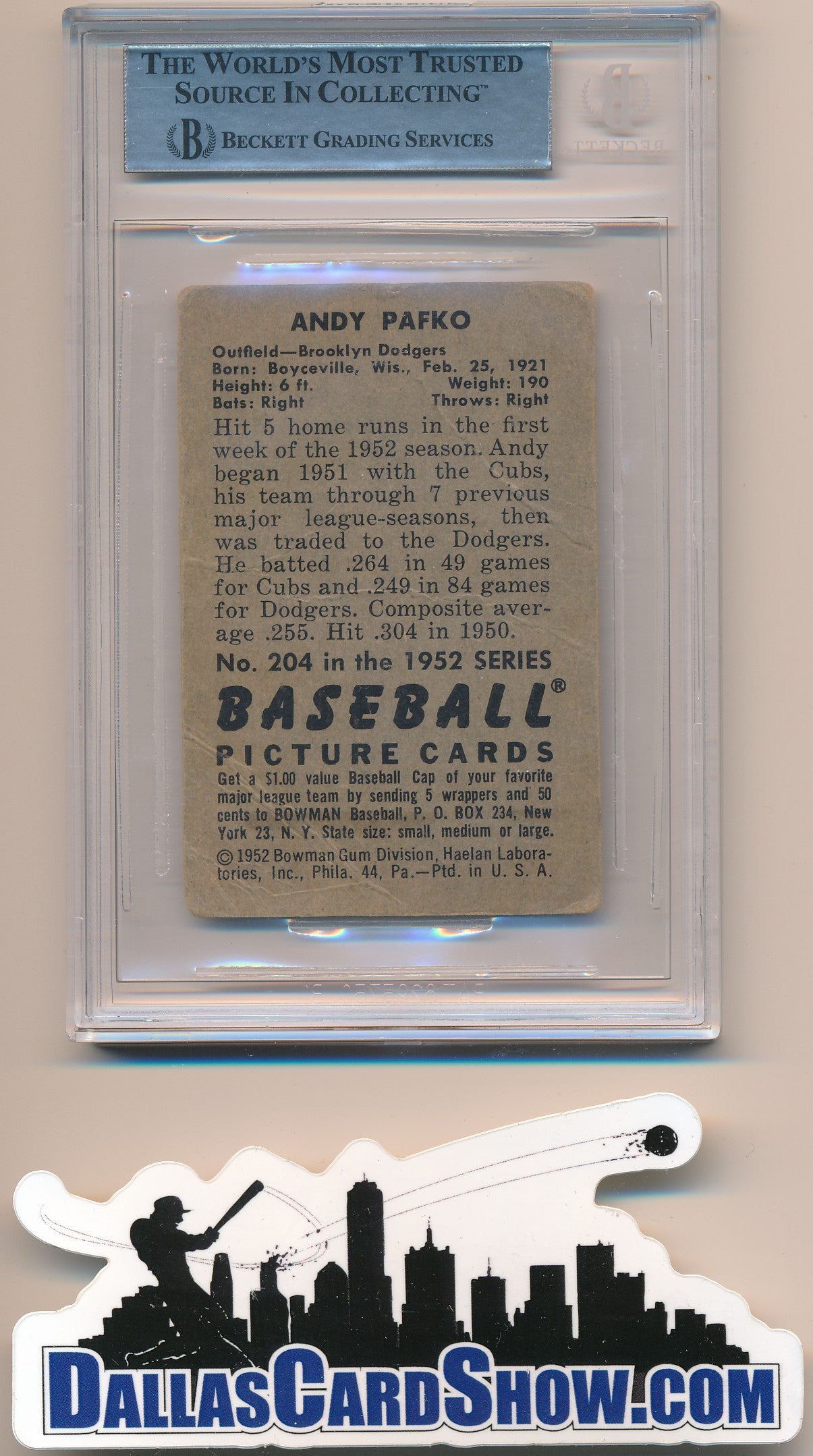 1952 BOWMAN #204 ANDY PAFKO AUTHENTIC BGS AUTO