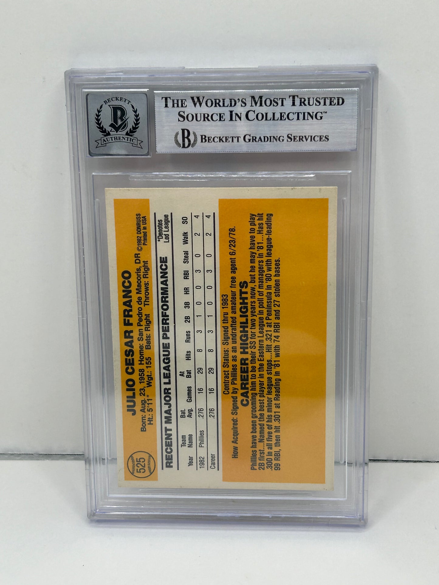 1983 Donruss Julio Franco #525 Auto Beckett Witnessed Beckett 10 Autograph (4694)