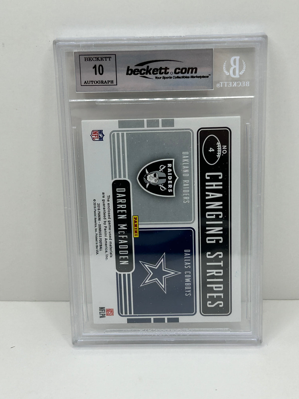2016 Donruss Darren Mcfadden #4 Changing Stripes Jerseys Auto Beckett 10