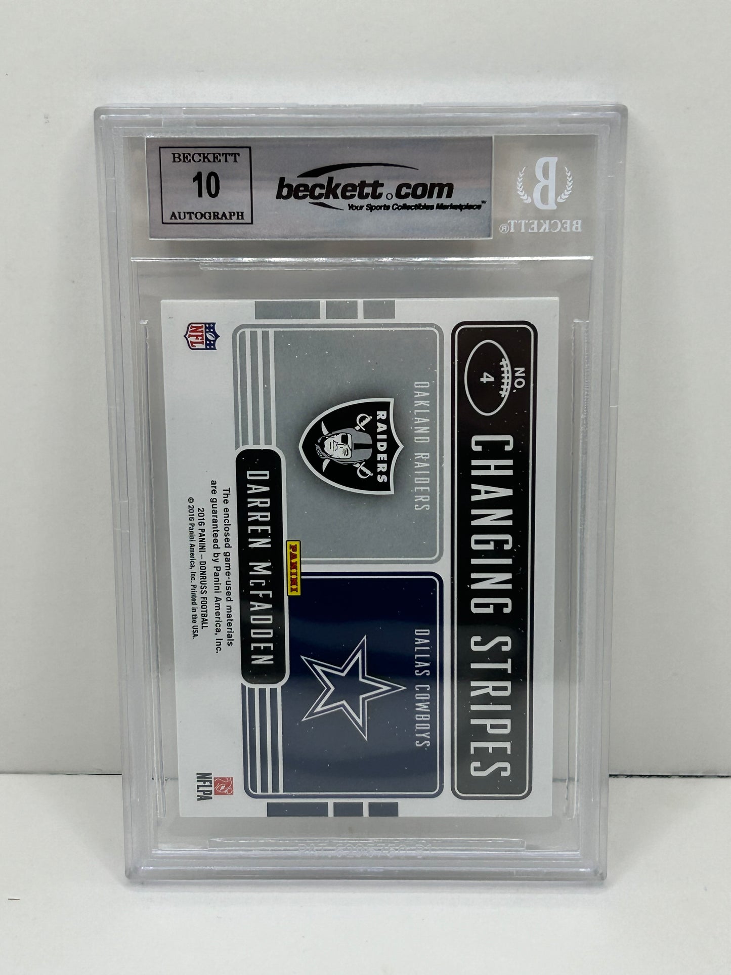 2016 Donruss Darren Mcfadden #4 Changing Stripes Jerseys Auto Beckett 10