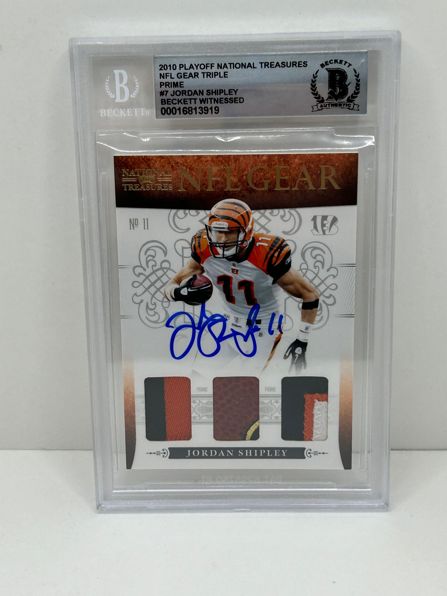2010 Playoff National Treasures Jordan Shipley #7 NFL Gear Triple Auto Beckett 10