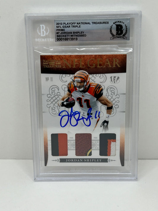 2010 Playoff National Treasures Jordan Shipley #7 NFL Gear Triple Auto Beckett 10
