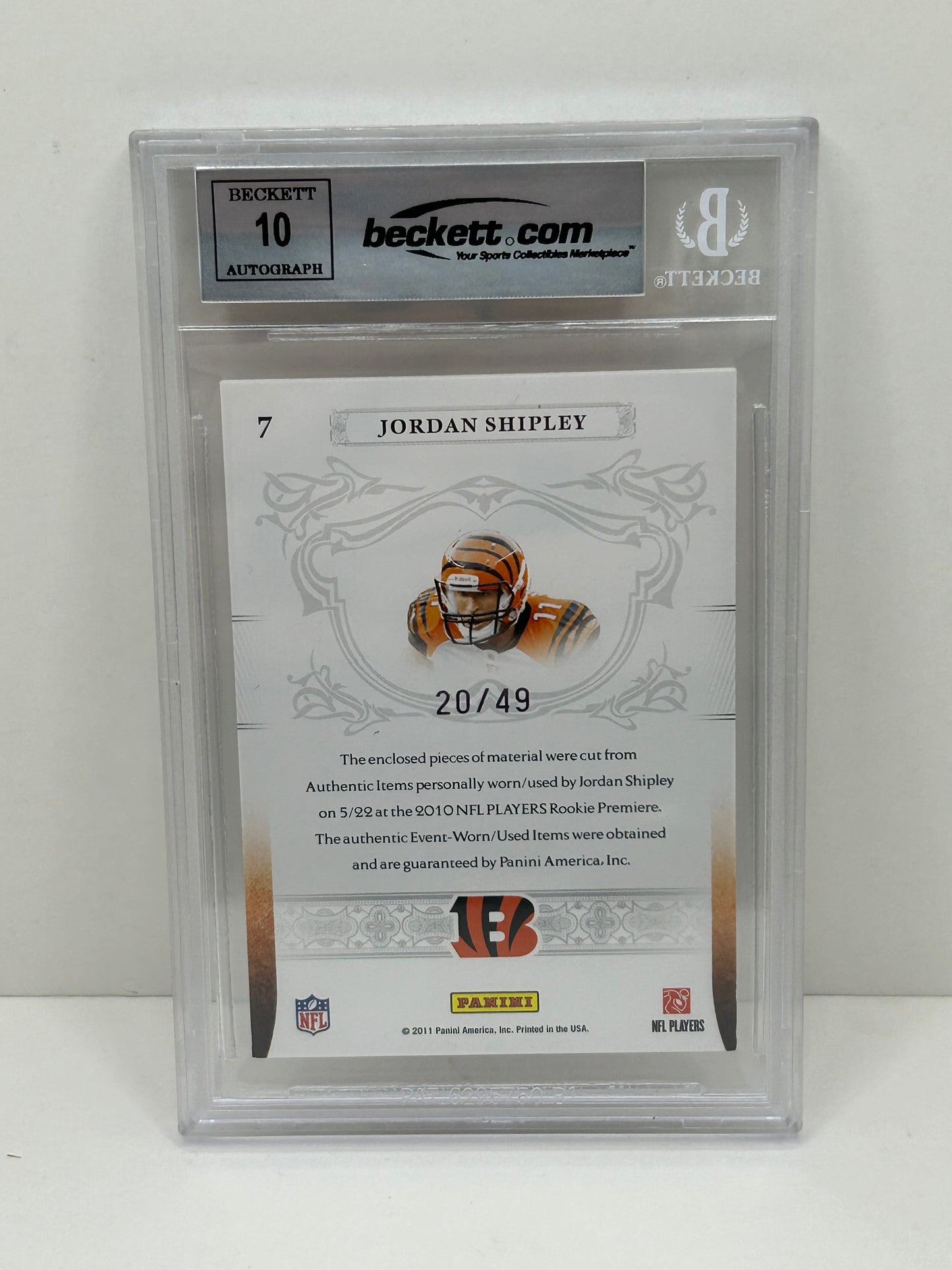 2010 Playoff National Treasures Jordan Shipley #7 NFL Gear Triple Auto Beckett 10