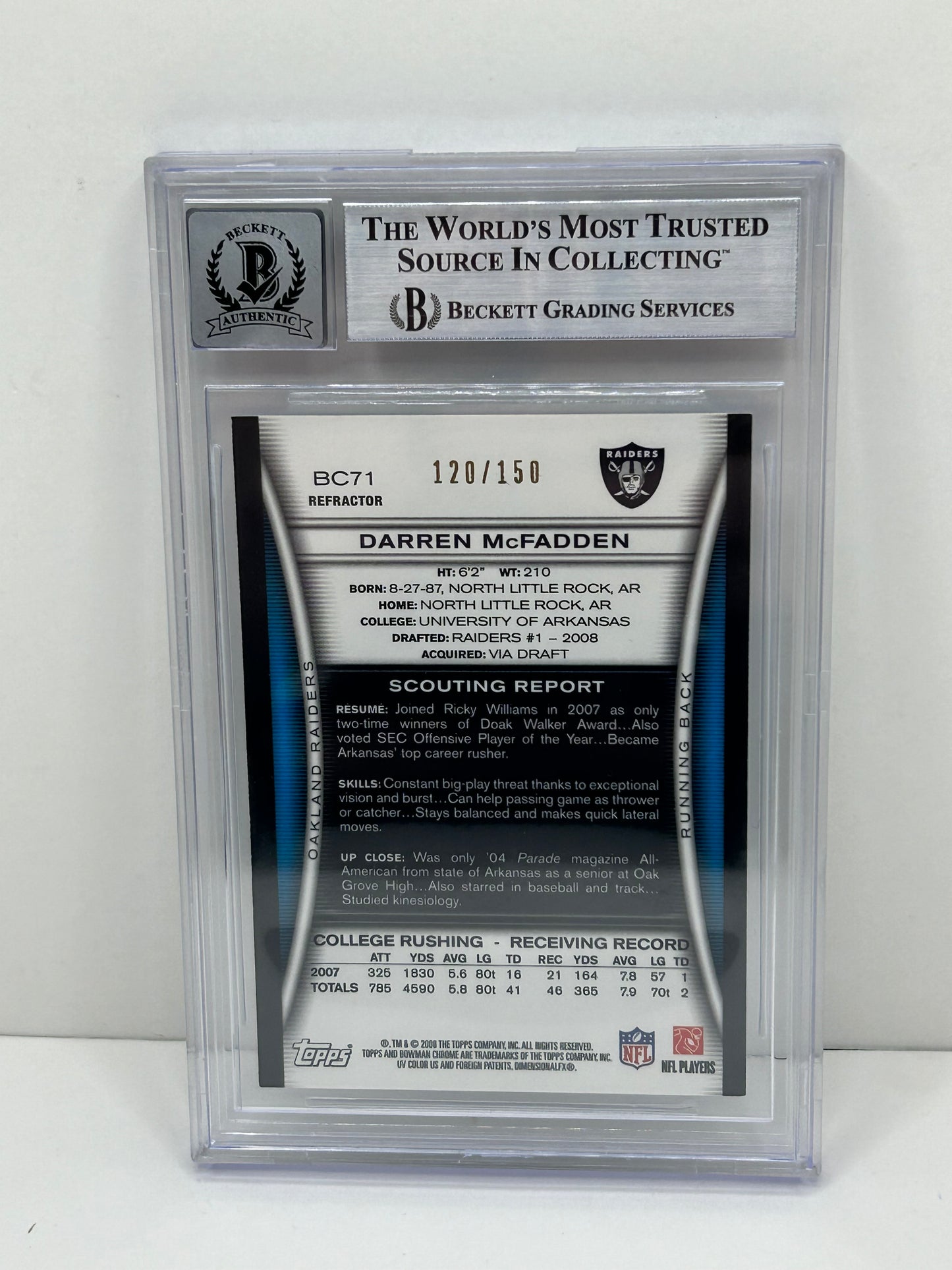 2008 Bowman Chrome Darren McFadden #BC71 Blue Refractors Autograph /150 Beckett 10