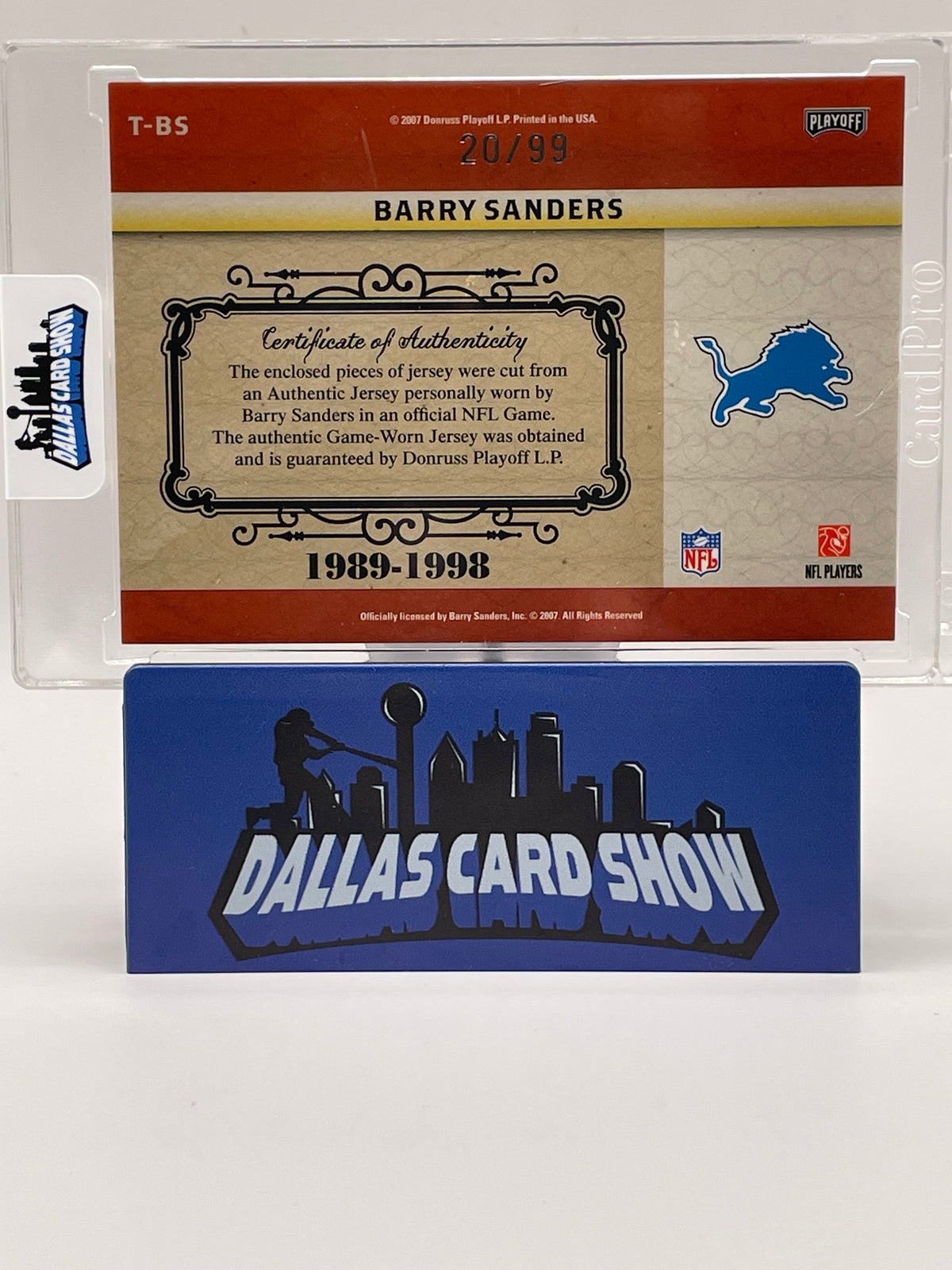 2007 Playoff National Treasure #T-BS Barry Sanders Timeline Game Used Relic (20/99) Jersey #