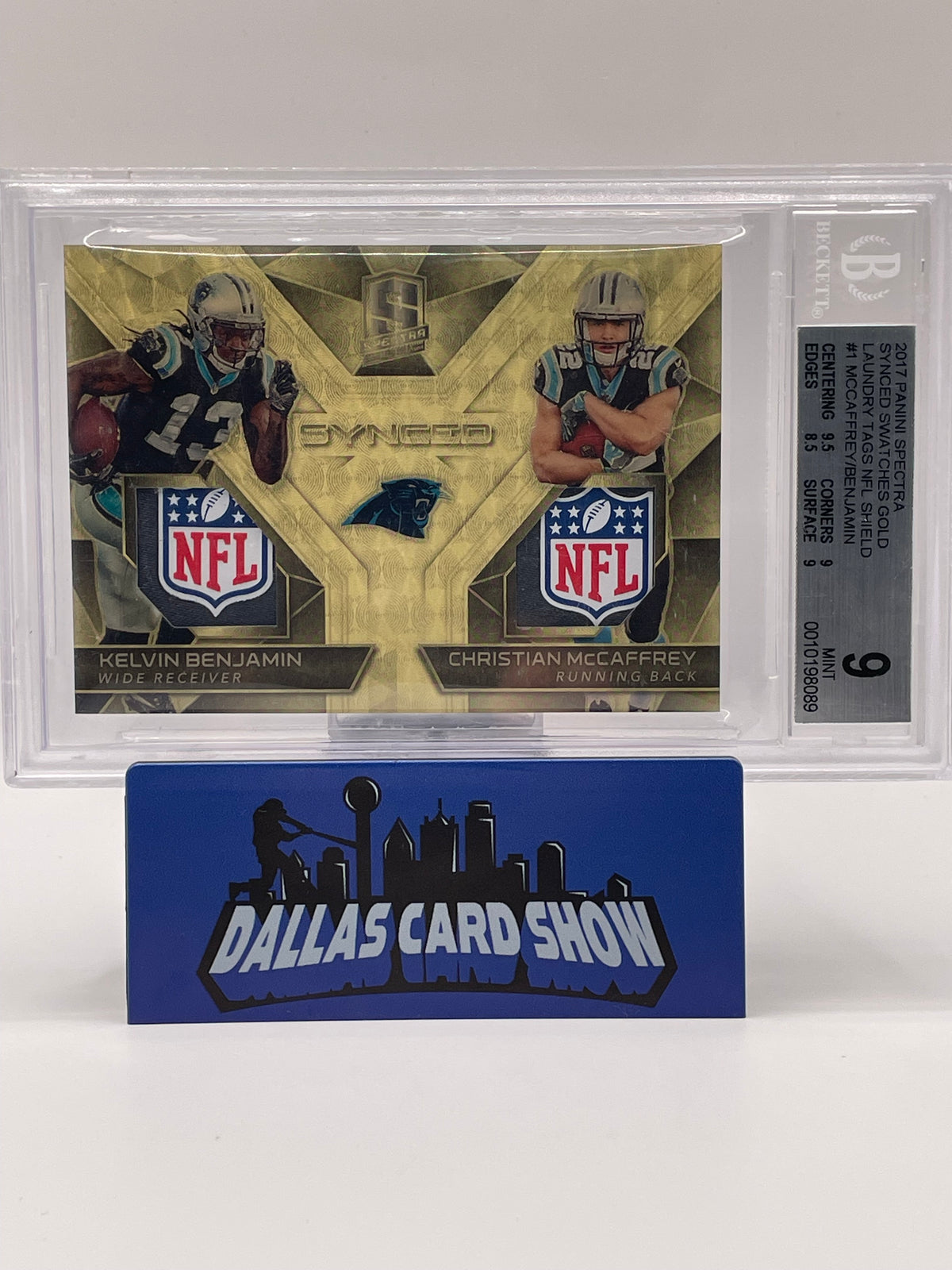 2017 Panini Spectra #1 Christian McCaffrey/Benjamin Synced Swatches NFL Shields 1/1 BGS 9