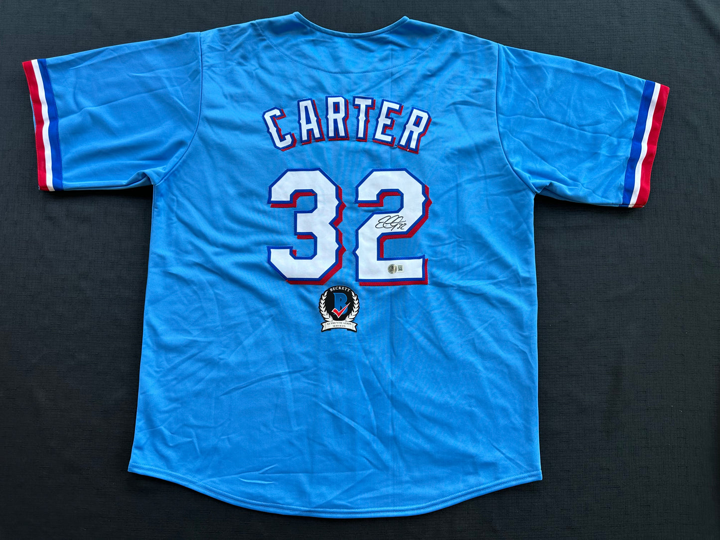 EVAN CARTER TEXAS RANGERS SIGNED Light Blue JERSEY XL BAS COA