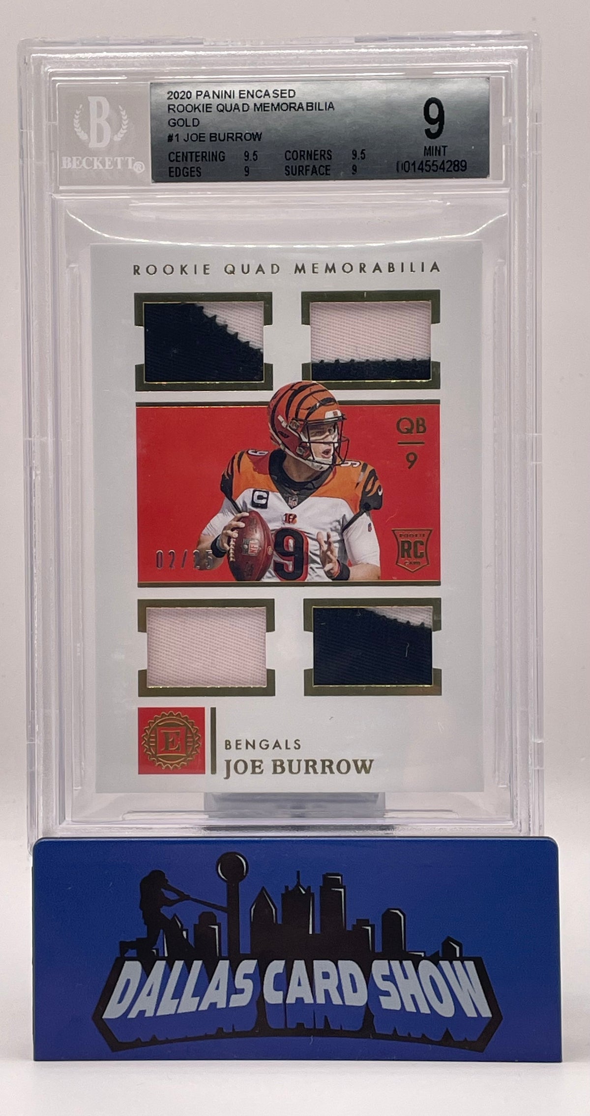 2020 Panini Encased #1 Joe Burrow Rookie Quad Memorabilia /25 BGS 9
