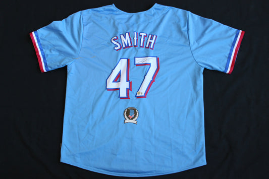 JOSH SMITH #47 SIGNED BASEBALL LIGHT BLUE ALT JERSEY Texas Rangers BAS COA