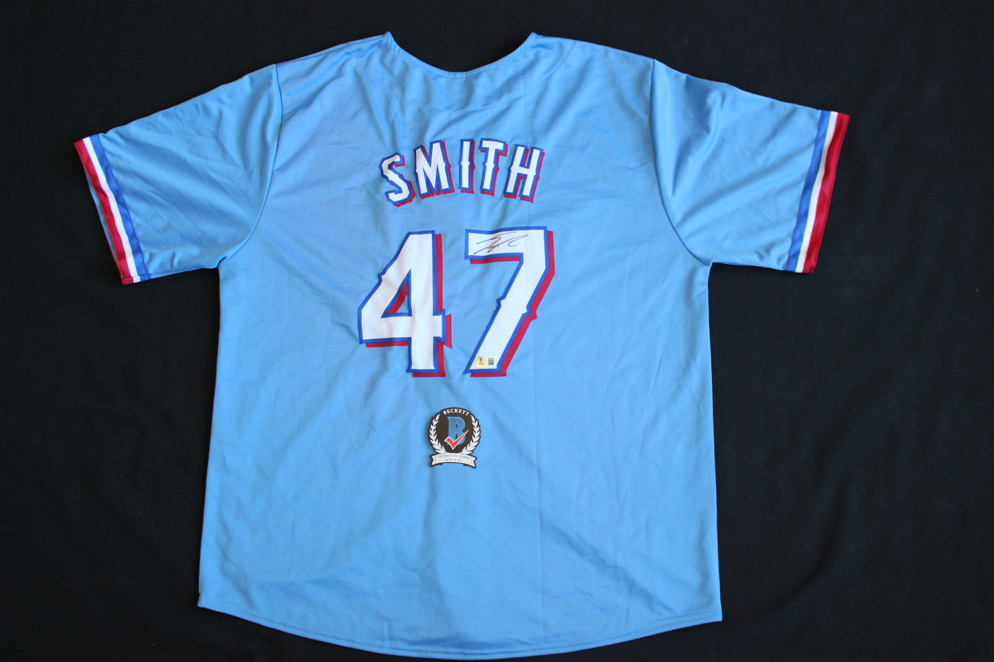 JOSH SMITH #47 SIGNED BASEBALL LIGHT BLUE ALT JERSEY Texas Rangers BAS COA