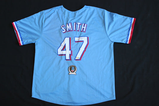 JOSH SMITH #47 SIGNED BASEBALL LIGHT BLUE ALT JERSEY Texas Rangers BAS COA