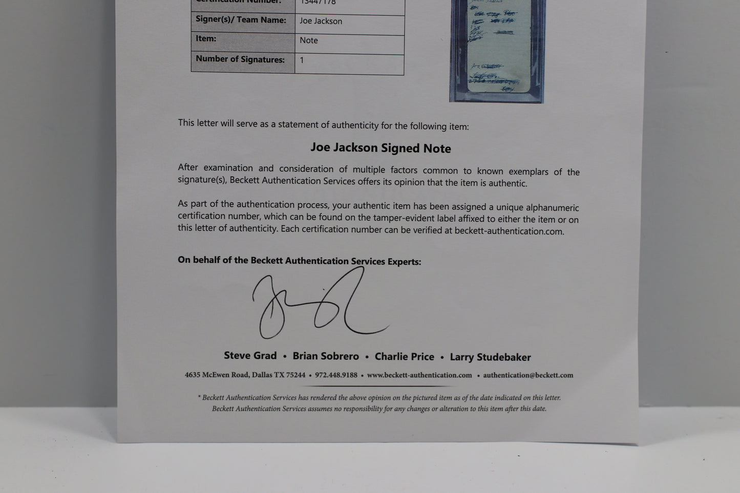 SHOELESS JOE JACKSON SIGNED NOTE PAGE Chicago White Black Sox PSA Slab BAS JSA