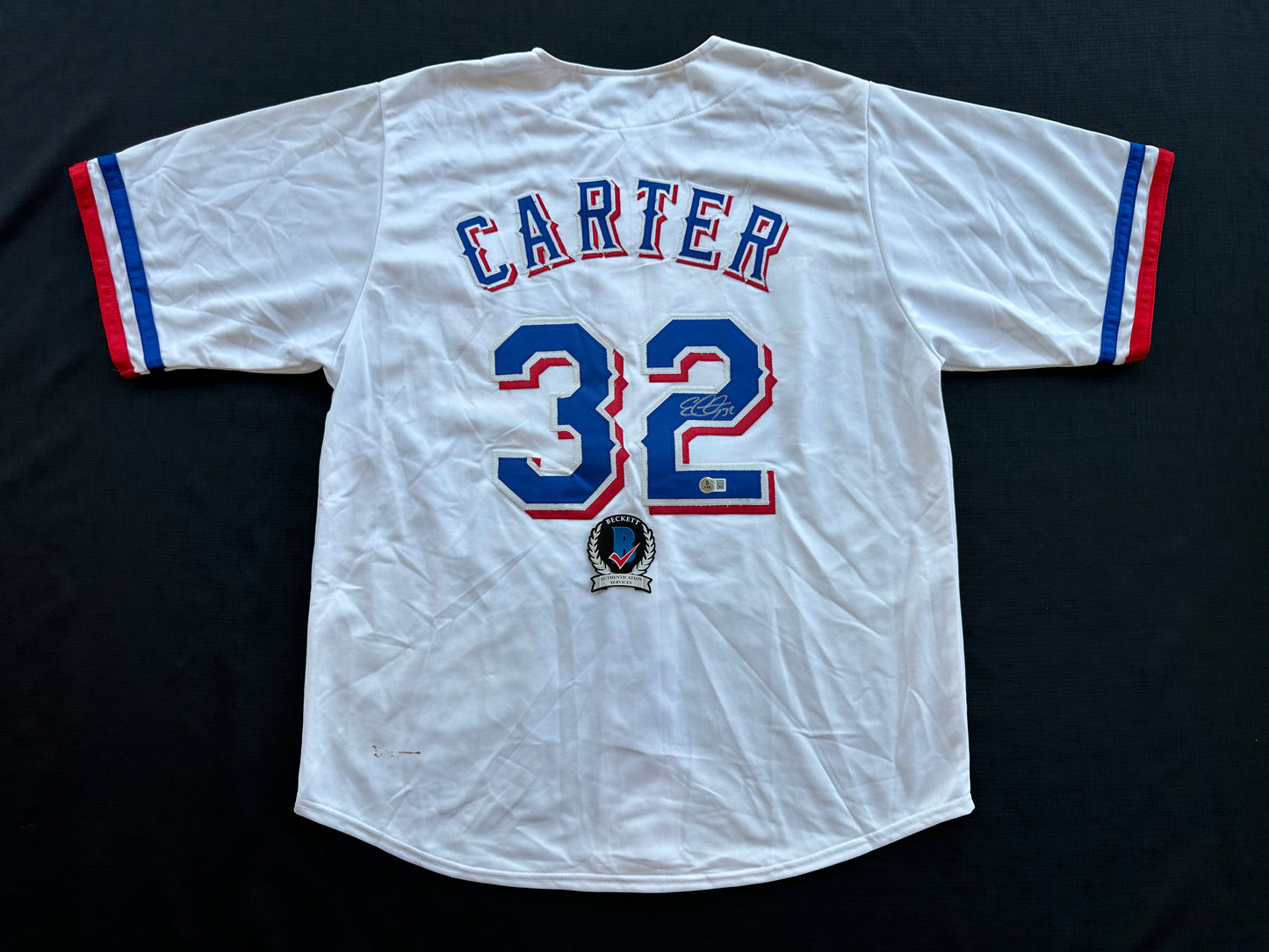EVAN CARTER TEXAS RANGERS SIGNED Home JERSEY XL BAS COA