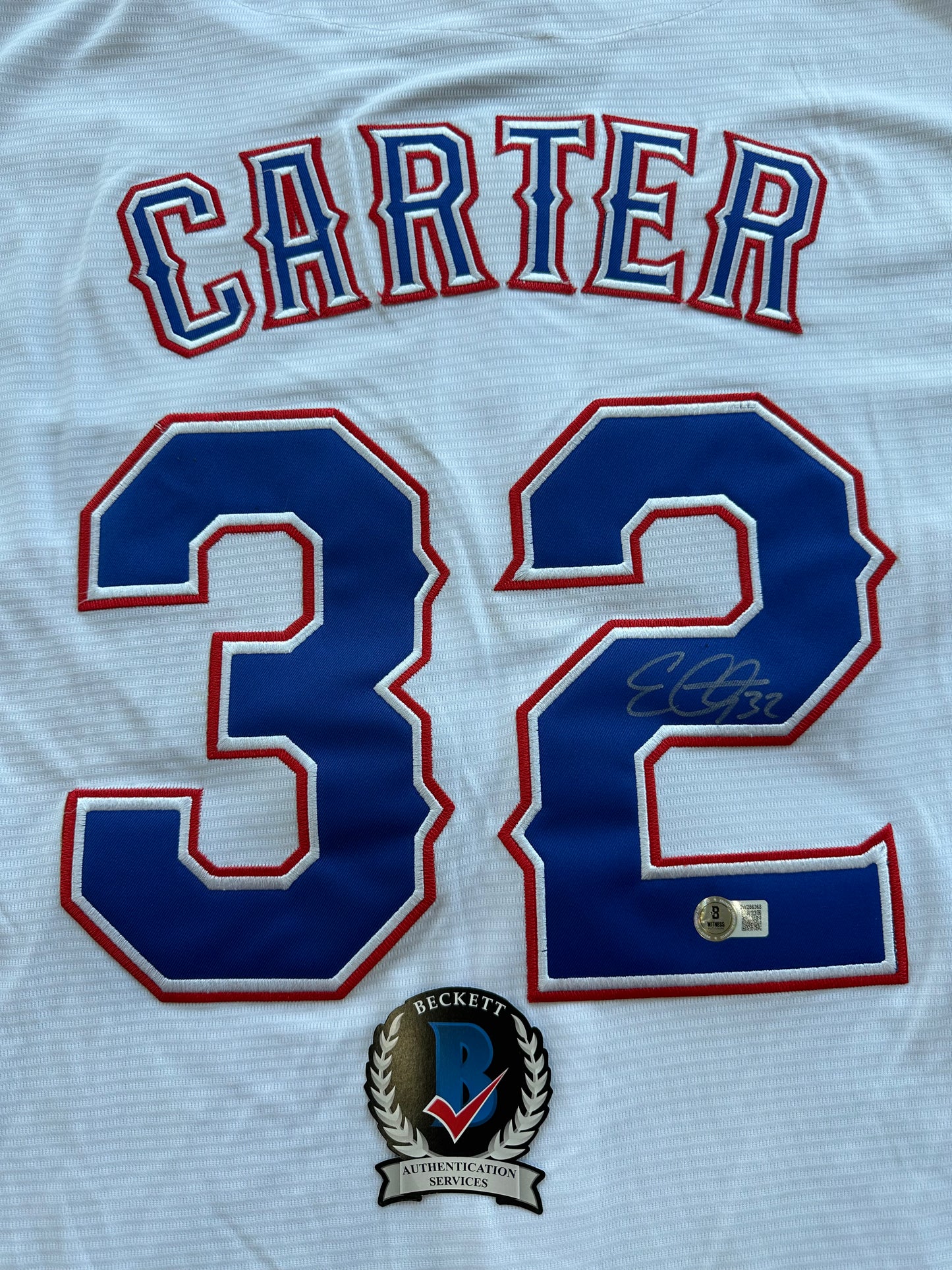 EVAN CARTER TEXAS RANGERS SIGNED Home JERSEY XL BAS COA