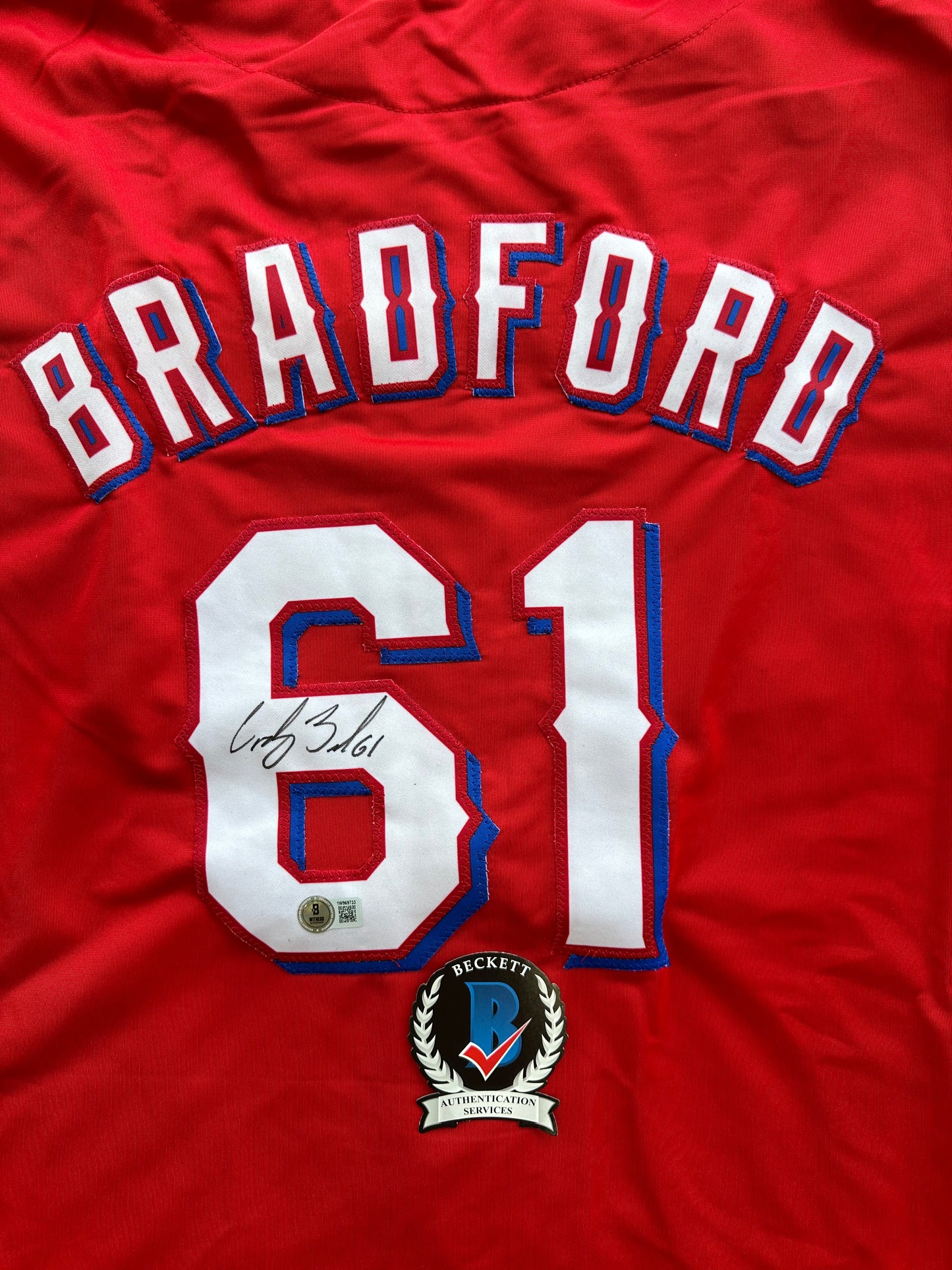CODY BRADFORD TEXAS RANGERS SIGNED Red JERSEY XL BAS COA