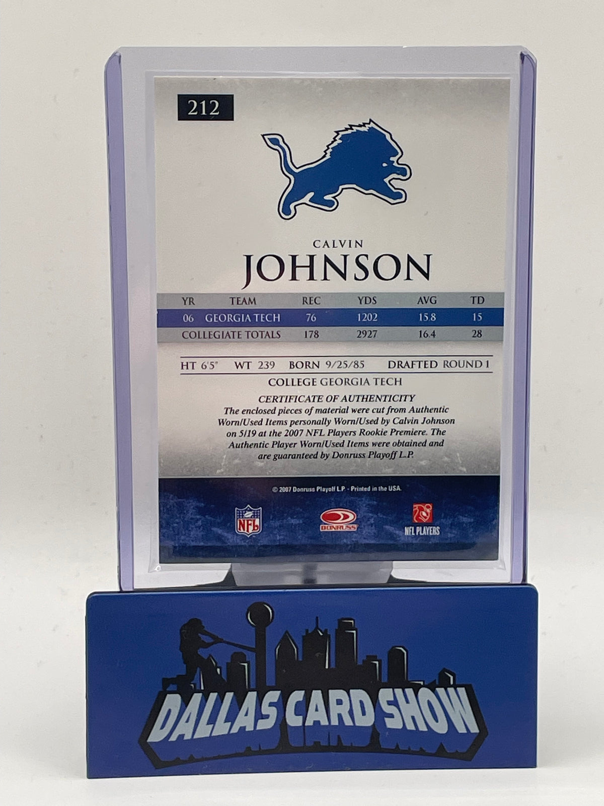 2007 Donruss Playoff #212 Calvin Johnson Authentic Gridiron Gear