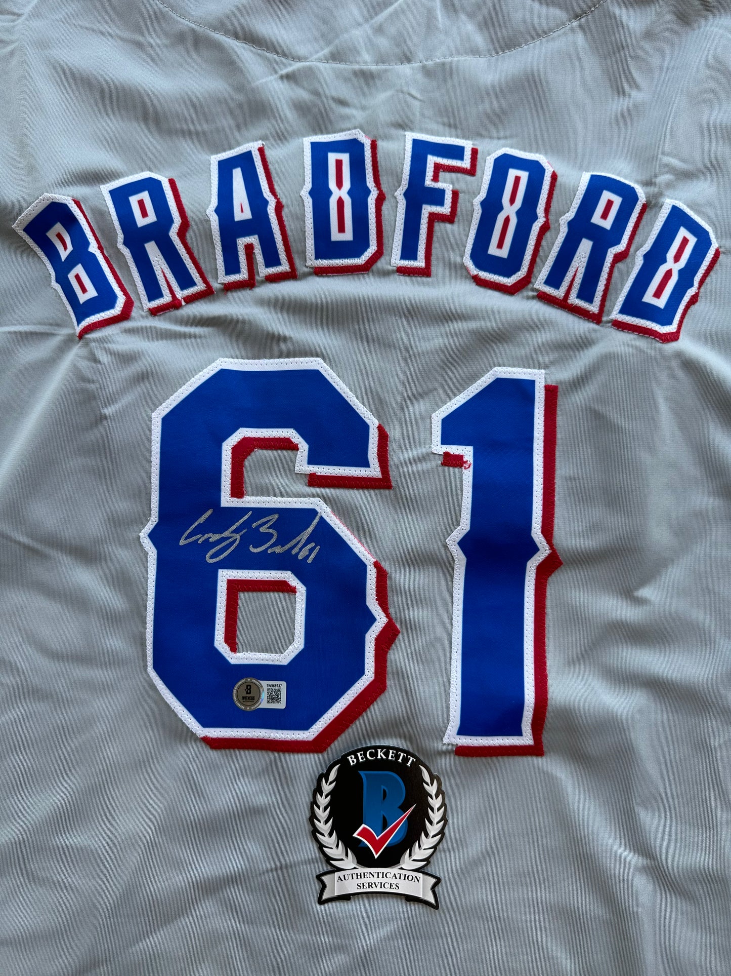CODY BRADFORD TEXAS RANGERS SIGNED Grey JERSEY XL BAS COA