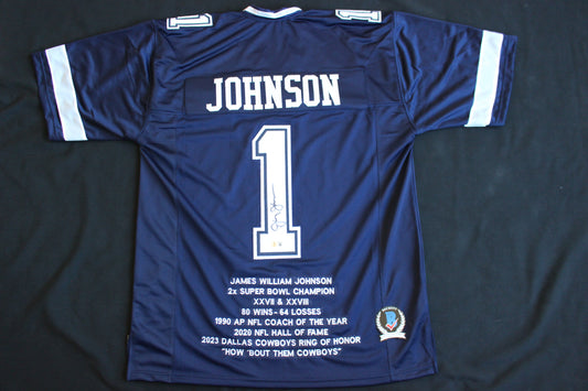 JIMMY JOHNSON SIGNED STAT FOOTBALL ROAD JERSEY Dallas Cowboys MIAMI BAS COA