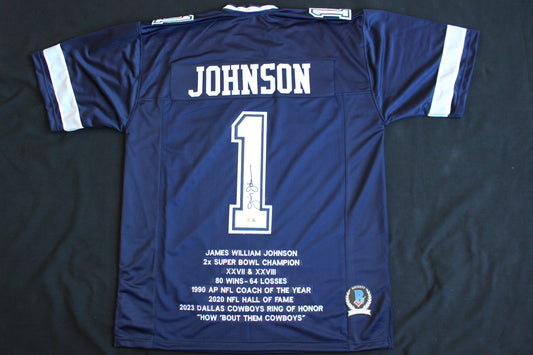 JIMMY JOHNSON SIGNED STAT FOOTBALL ROAD JERSEY Dallas Cowboys MIAMI BAS COA