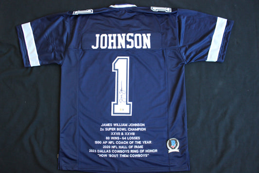 JIMMY JOHNSON SIGNED STAT FOOTBALL ROAD JERSEY Dallas Cowboys MIAMI BAS COA