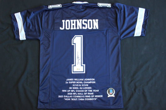 JIMMY JOHNSON SIGNED STAT FOOTBALL ROAD JERSEY Dallas Cowboys MIAMI BAS COA