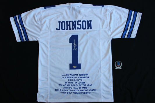 JIMMY JOHNSON SIGNED STAT FOOTBALL HOME JERSEY Dallas Cowboys MIAMI BAS COA