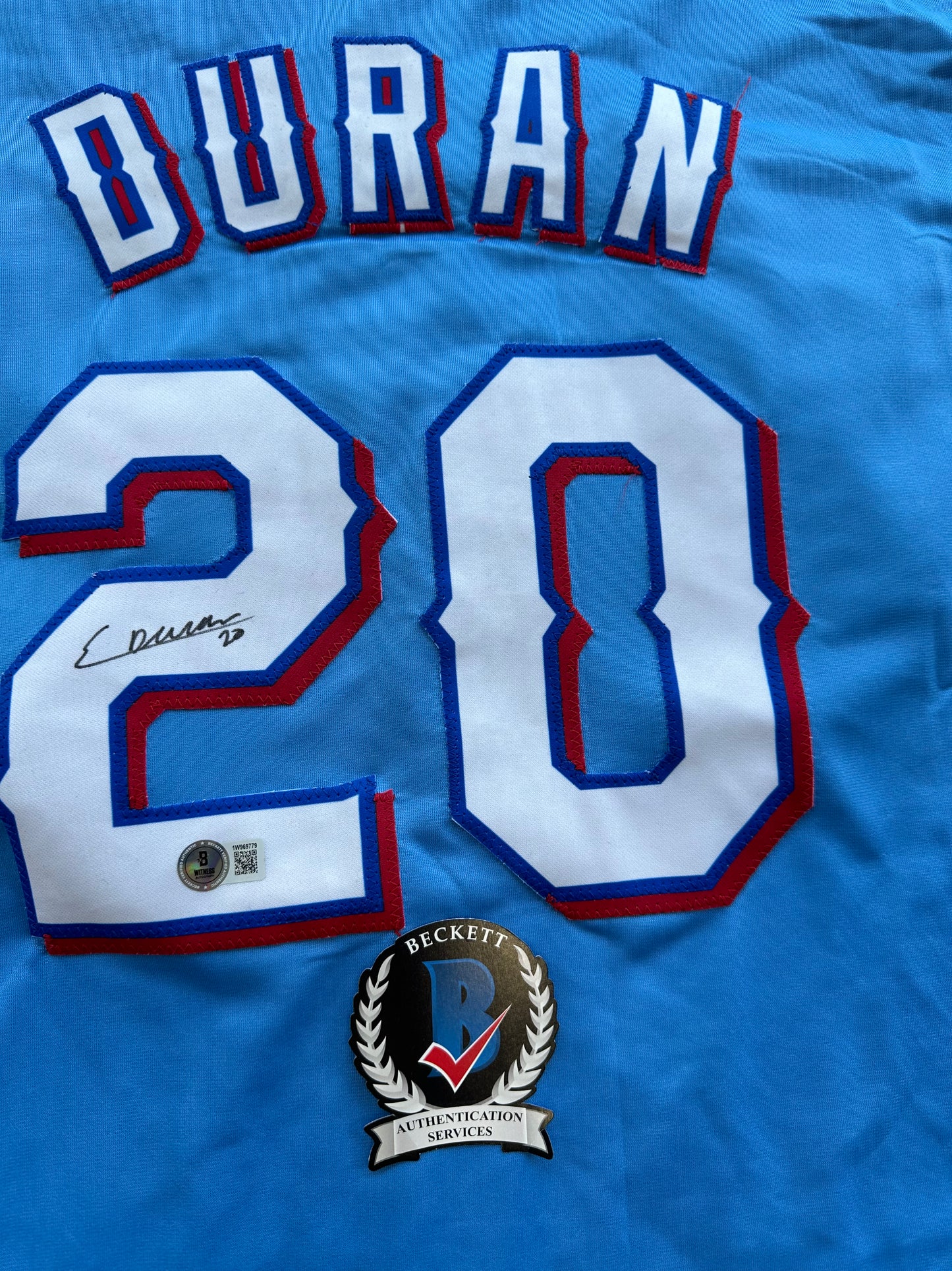 EZEQUIEL DURAN TEXAS RANGERS SIGNED Light Blue JERSEY XL BAS COA