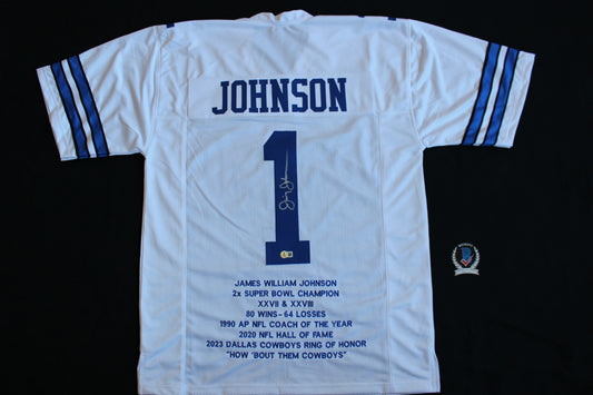 JIMMY JOHNSON SIGNED STAT FOOTBALL HOME JERSEY Dallas Cowboys MIAMI BAS COA