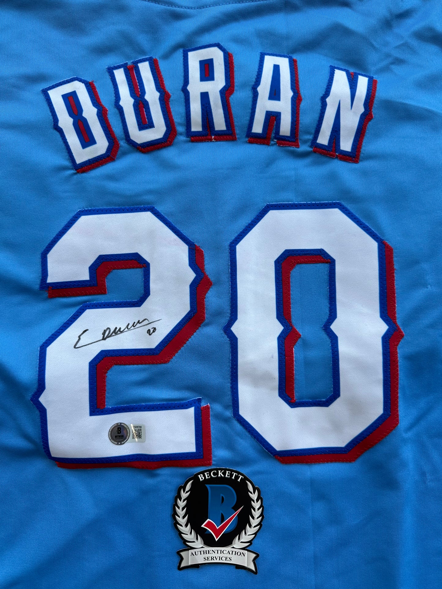 EZEQUIEL DURAN TEXAS RANGERS SIGNED Light Blue JERSEY XL BAS COA