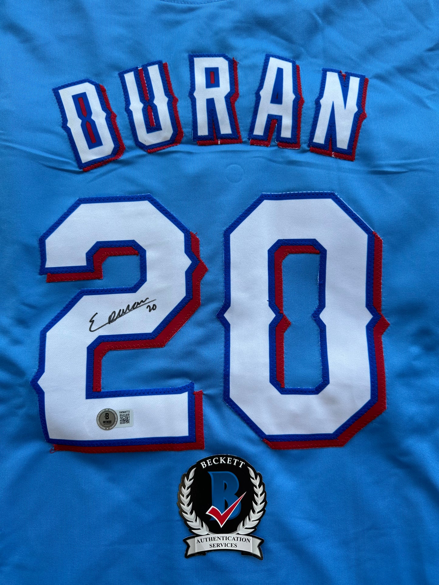 EZEQUIEL DURAN TEXAS RANGERS SIGNED Light Blue JERSEY XL BAS COA