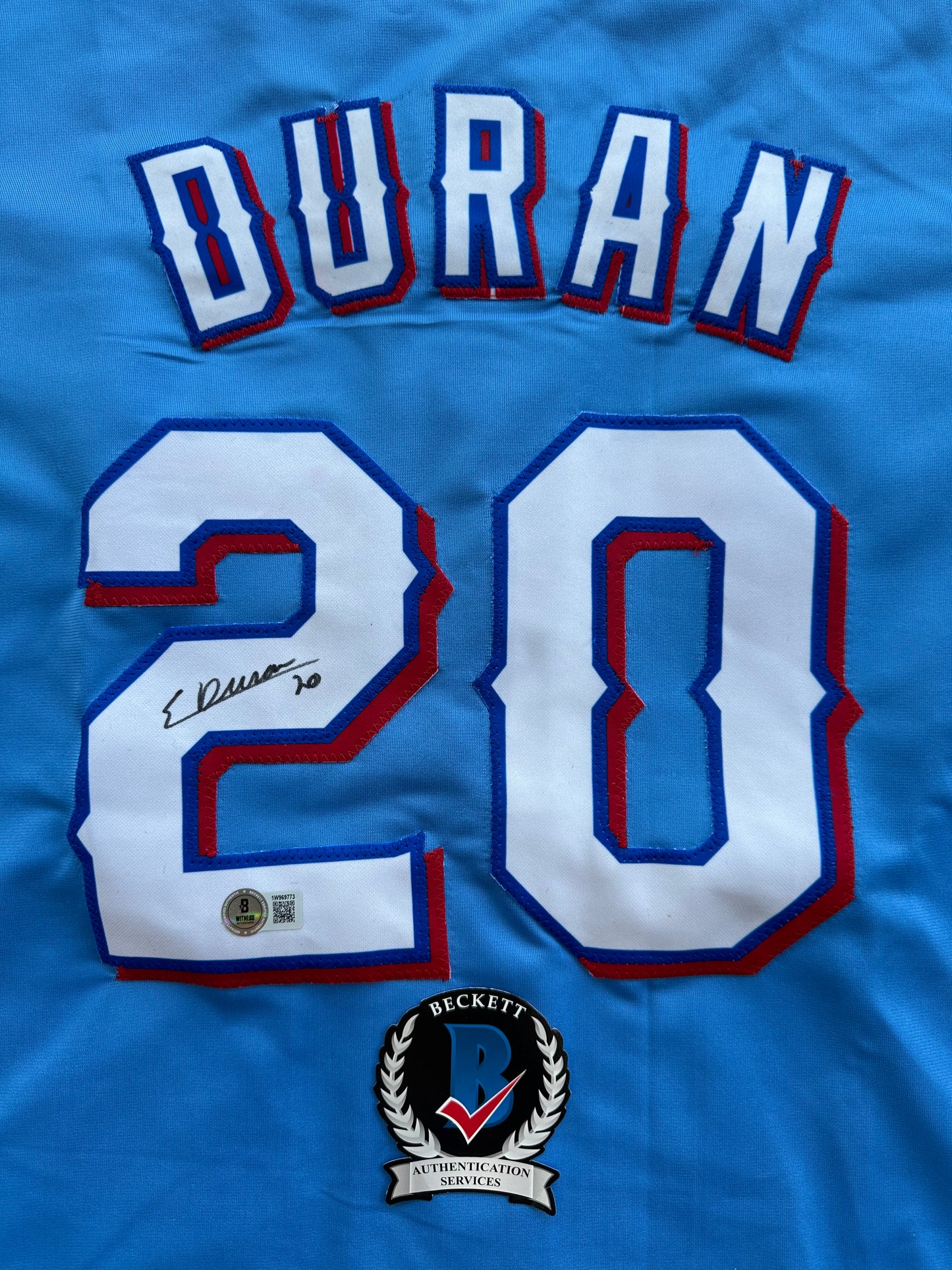 EZEQUIEL DURAN TEXAS RANGERS SIGNED Light Blue JERSEY XL BAS COA