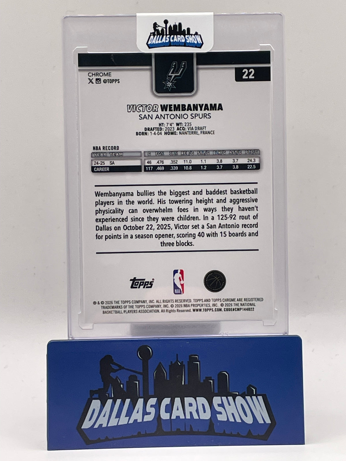 2025-26 Topps Chrome Update #22 Victor Wembanyama Purple Basketball /75