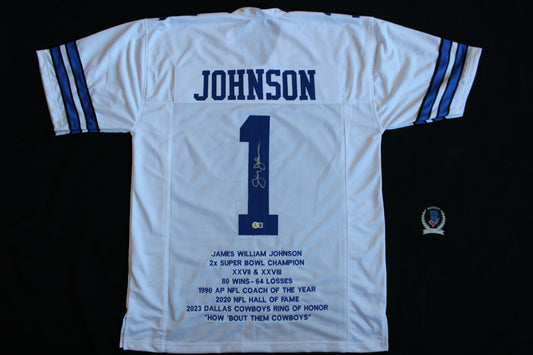 JIMMY JOHNSON SIGNED STAT FOOTBALL HOME JERSEY Dallas Cowboys MIAMI BAS COA