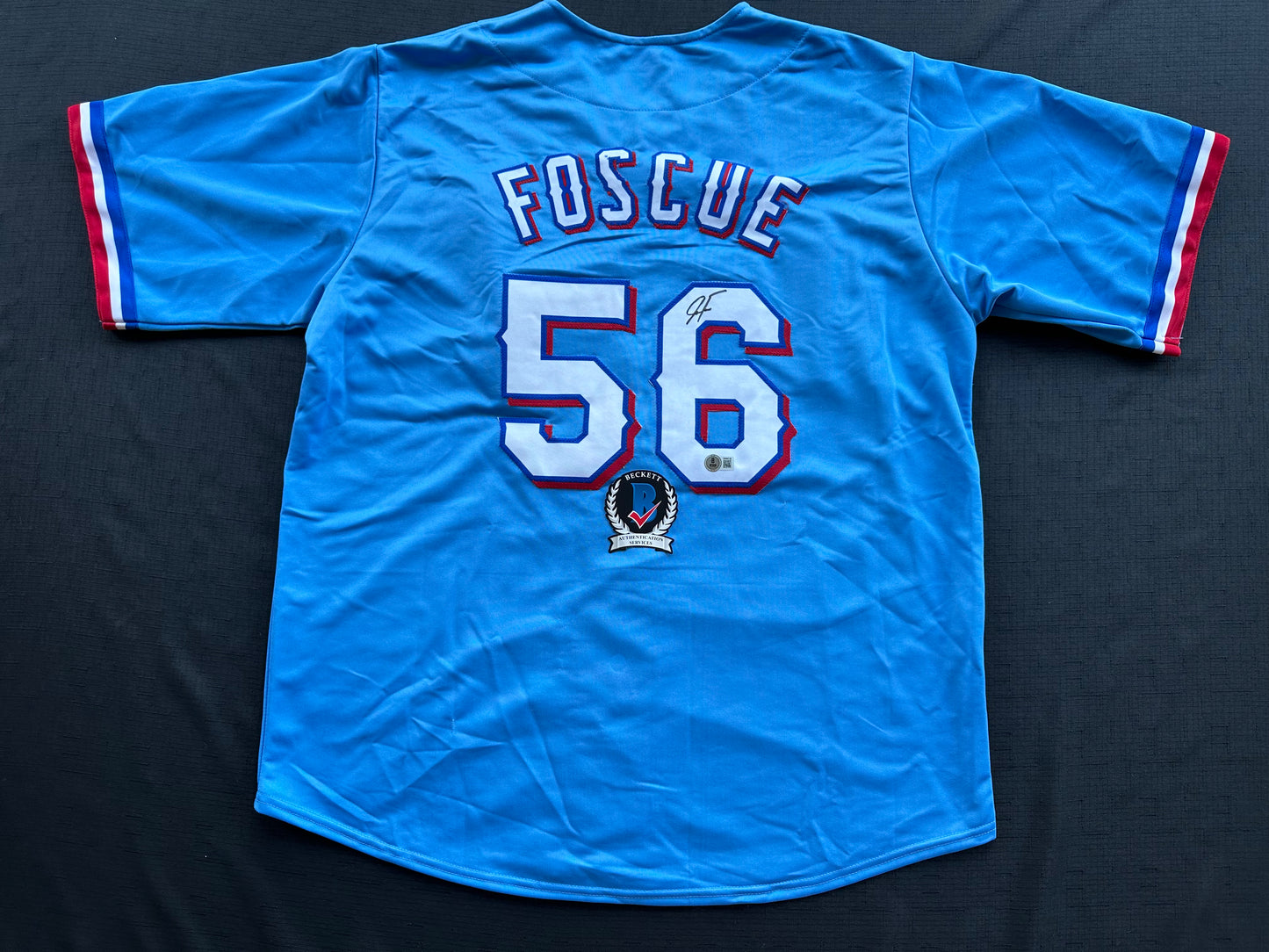JUSTIN FOSCUE TEXAS RANGERS SIGNED Light Blue JERSEY XL BAS COA