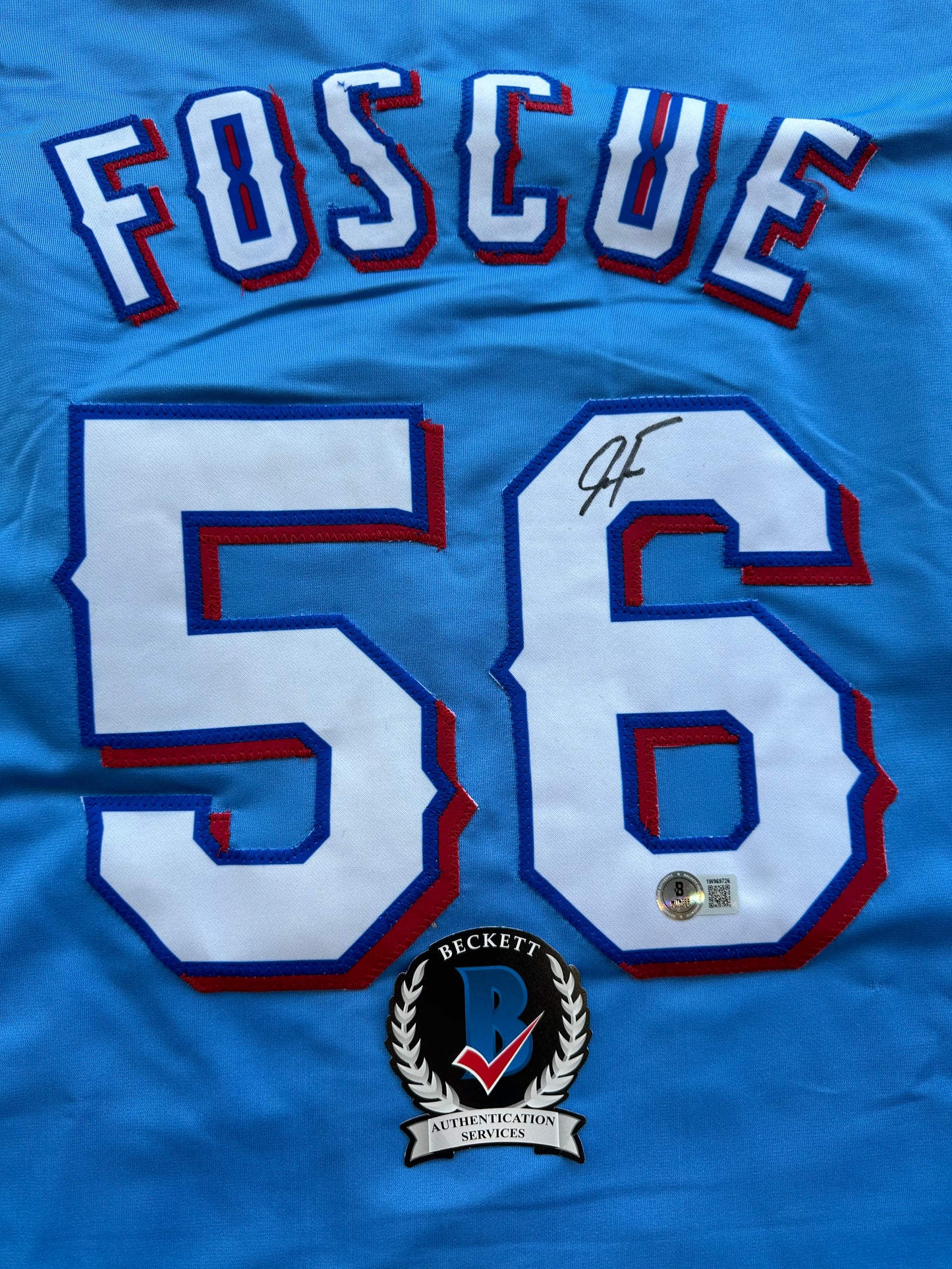 JUSTIN FOSCUE TEXAS RANGERS SIGNED Light Blue JERSEY XL BAS COA
