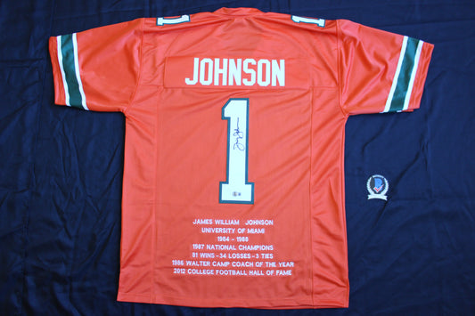 JIMMY JOHNSON SIGNED STAT FOOTBALL JERSEY MIAMI HURRICANES Cowboys BAS COA