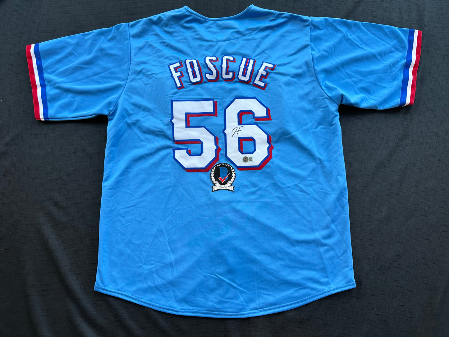 JUSTIN FOSCUE TEXAS RANGERS SIGNED Light Blue JERSEY XL BAS COA
