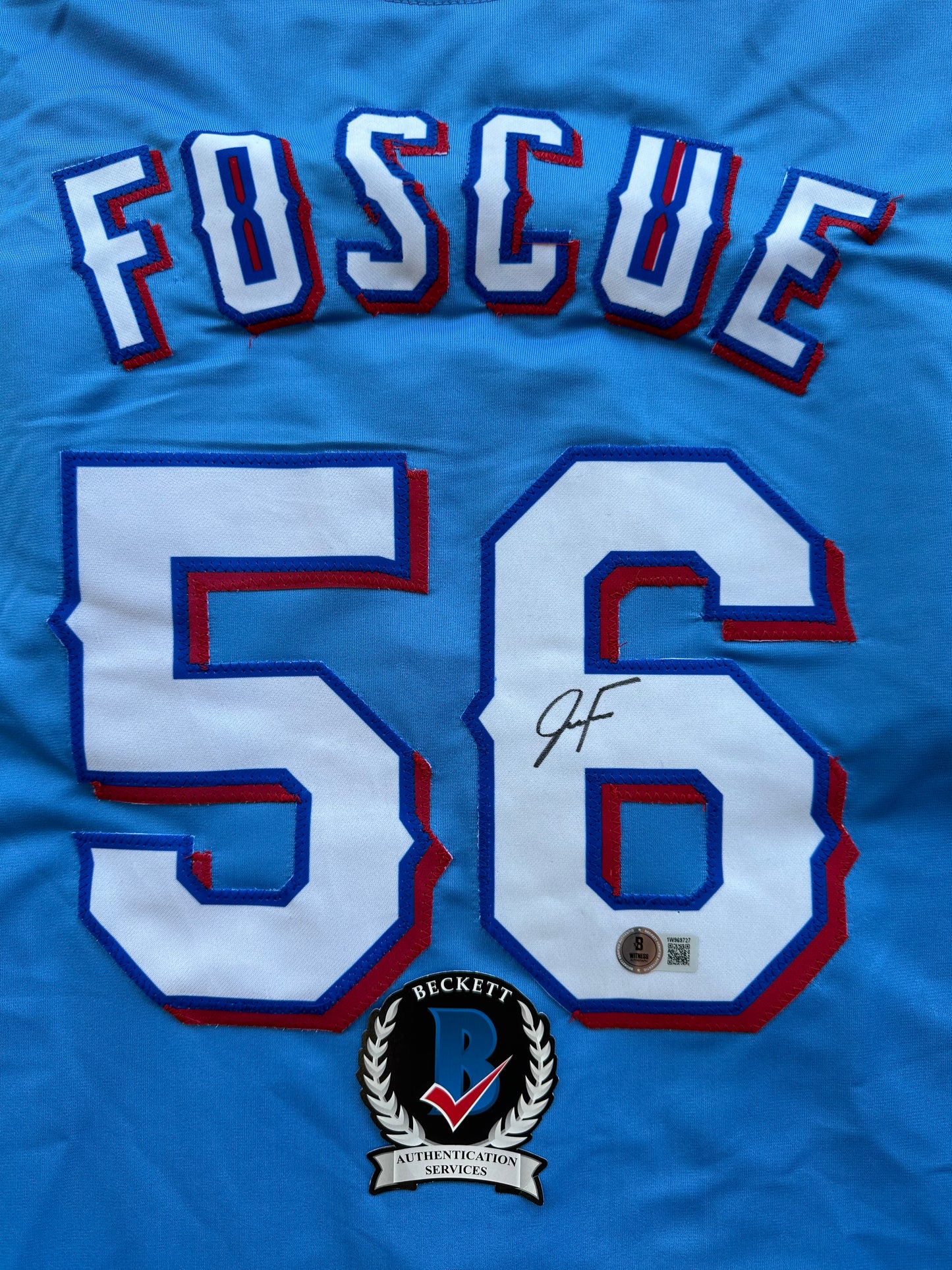 JUSTIN FOSCUE TEXAS RANGERS SIGNED Light Blue JERSEY XL BAS COA