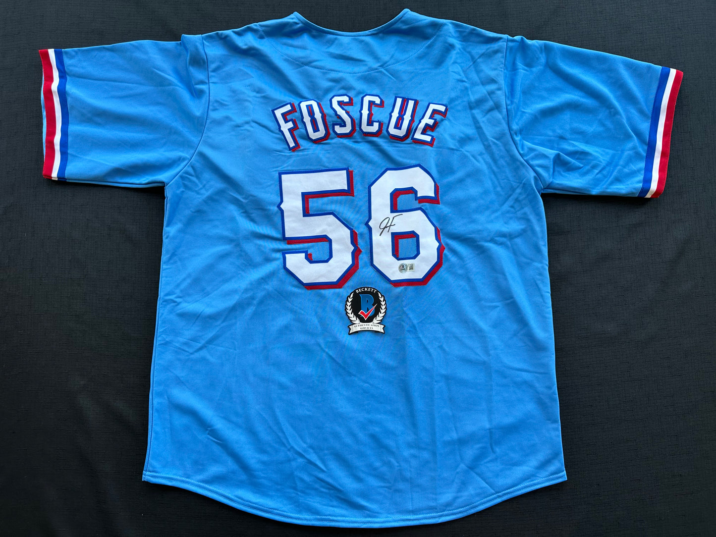 JUSTIN FOSCUE TEXAS RANGERS SIGNED Light Blue JERSEY XL BAS COA